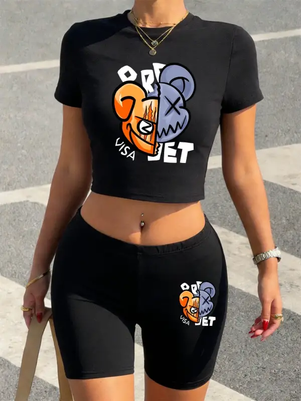 Seksi Oyuncak Ayı Kafası Baskılı Babby TeeTişört Şort Kadın İki Parça Takım Üst Pantolon Dar Kesi