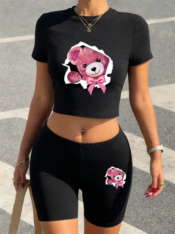 Seksi Pembe Fiyonklu Kırık Kabuklu Ayı Baskılı Babby TeeTişört Şort Kadın İki Parçalı Takım Üst P