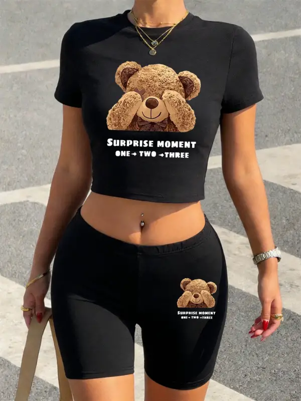 Seksi Sevimli Ayı Sürpriz Anı Baskılı Babby TeeT-Shirt Şort Kadın İki Parçalı Set Üstleri Pantolo