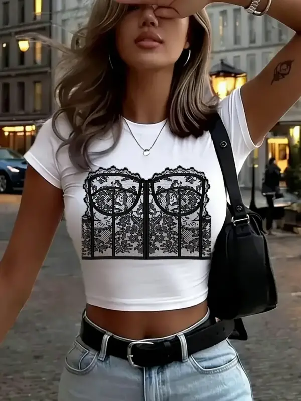 Seksi Tatlı Baharatlı Dantel Desenli Kadın Babby Teeları Yazlık Yüksek Esnek Yumuşak Tişörtler