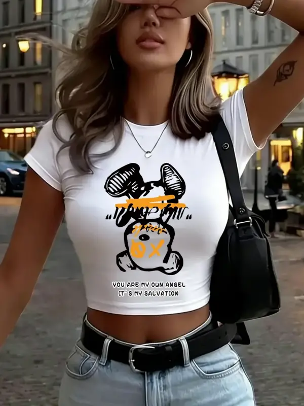 Sen benim meleğin misin Karikatür Ayı Baskılı Kadın Babby Tee Yazlık Yuvarlak Yaka Dar Kesim T