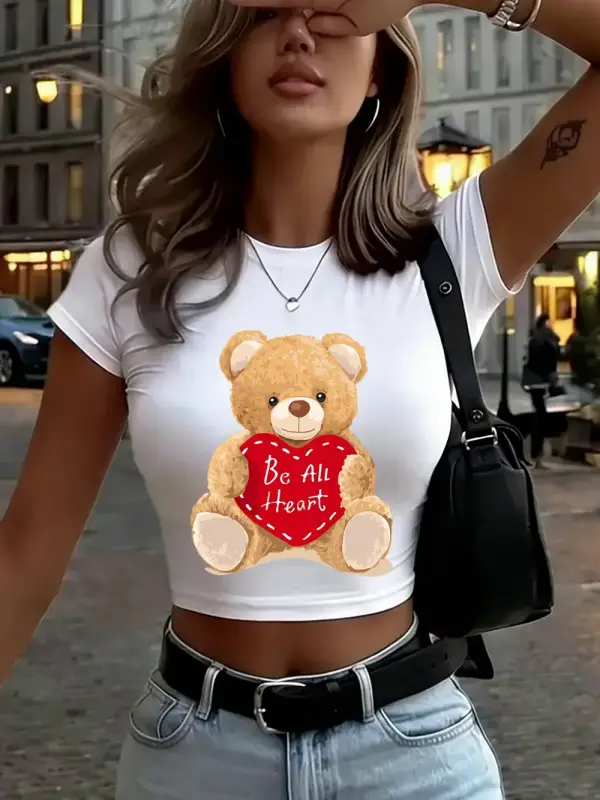 Sevimli Ayı Sana Kalbini Veriyor Baskılı Kadın Babby Teeları Yazlık Dar Kesim Yuvarlak Yaka Ti