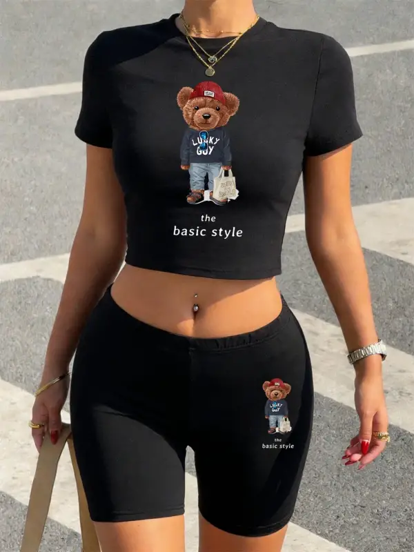 Sevimli Ayılar Baskılı Yaz Kıyafetleri Kırpılmış Tişörtler Şortlar Kadın İki Parçalı Set Üstl