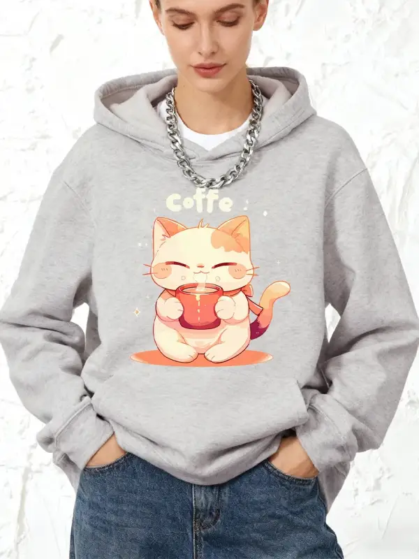 Sevimli Bir Kedi Kahve İçiyor Baskılar Kapüşonlular Pamuk Kadın Koşu Cep Üstleri Sportif Gevş