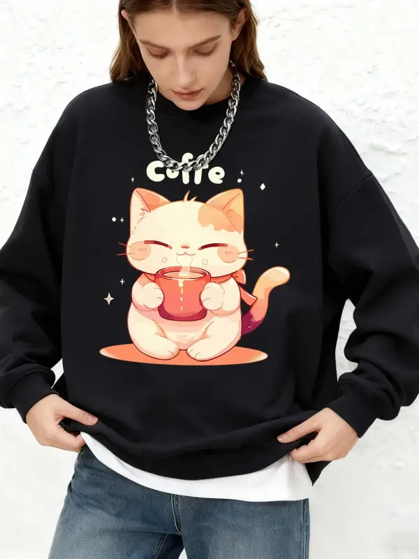 Sevimli Bir Kedi Kahve İçiyor Baskılar Tişörtü Bayan Sonbahar Jogger Sıcak Kapüşonlular O-Boy
