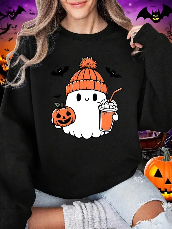 Sevimli Hayalet Yarasa Kabak Baskılar Cadılar Bayramı Kazak Kadın Kış Polar Sıcak Hoodie Crew
