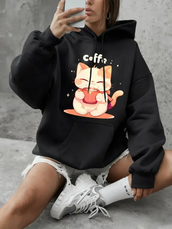 Sevimli Kedi Kahve İçiyor Baskı Kapüşonlular Bayanlar Günlük Gevşek Tişörtü Kış Polar Sıcak Ü