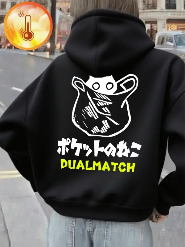 Sevimli Kedi Karikatür Baskılar Kapüşonlular Bayan Kış Polar Sıcak Kazaklar Gevşek Cep Tişört