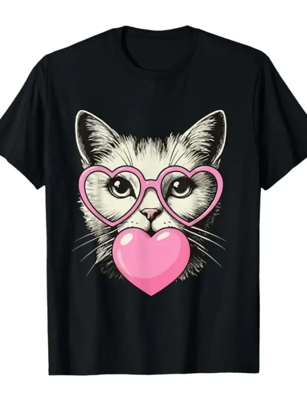 Sevimli Kedi Pembe Sevgililer Günü Kalp Sakız Üfleyen Tişört Erkekler Kadınlar Için % 100% Pa