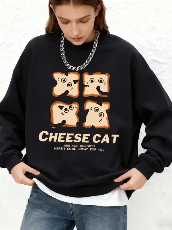 Sevimli Peynirli Ekmek Kedi Baskılı Kapüşonlu Üstler Kadınlar İçin Kışlık Jogger Sıcak Sweats