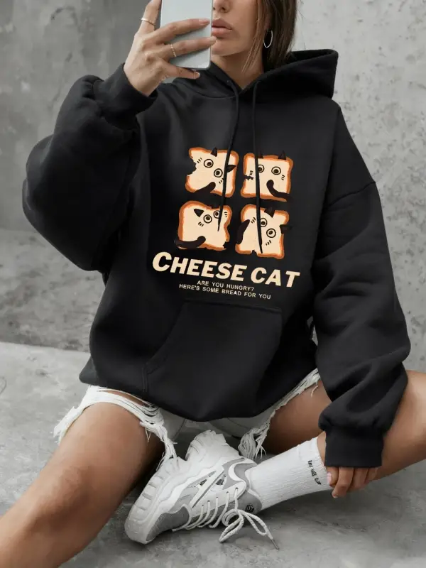 Sevimli Peynirli Ekmek Kedi Baskılı Tişörtü Kadın Kış Polar Sıcak Kapüşonlular Temel Crewneck
