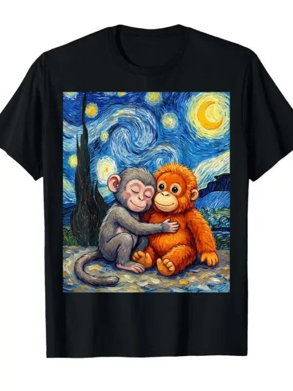 Sevimli Yumruk Bebek Maymun Sarılma Peluş Hayvan Meme Van Gogh Erkek Kadın Tişörtü %100 Pamuk