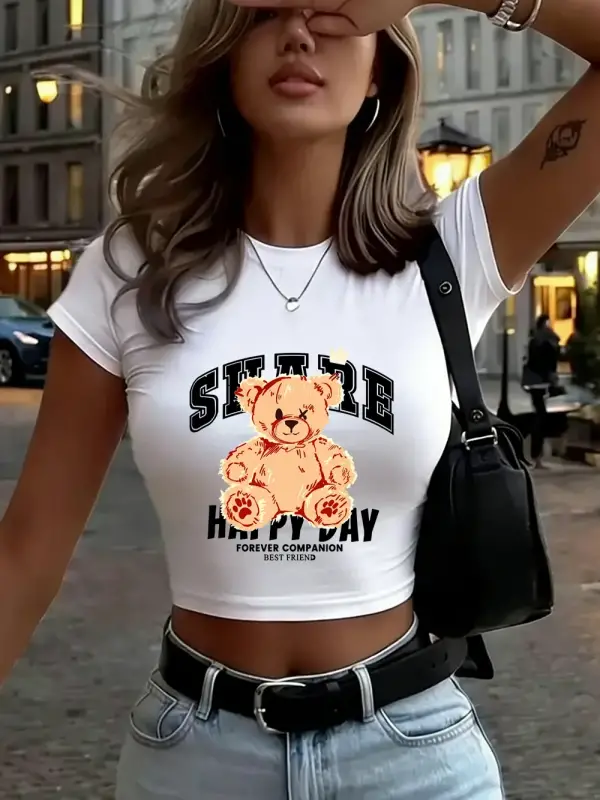 Share Happy Day Teddy Bear Baskılı Kadın Babby TeeTişörtleri Yazlık Yüksek Esnek Yumuşak Üstler İ