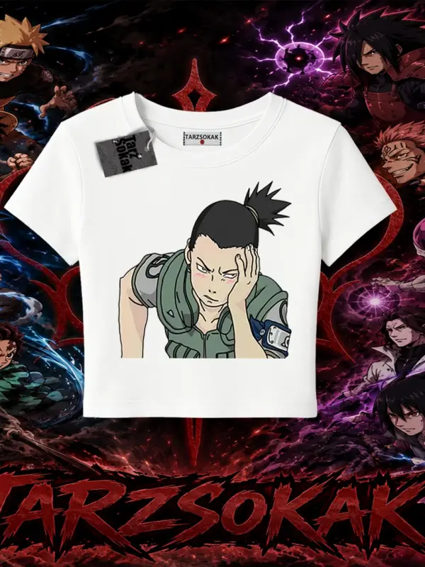 Shikamaru Nara Naruto Anime Karakter Kadın Baby Tee Beyaz
