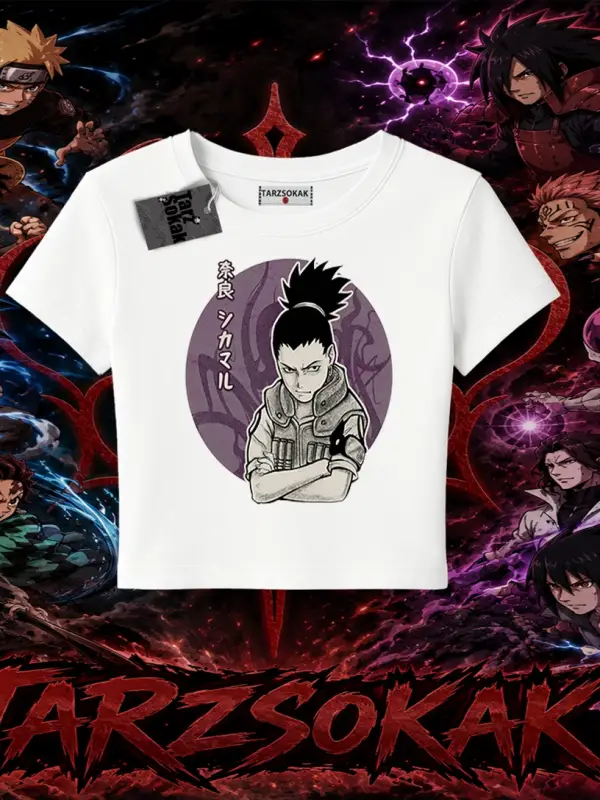 Shikamaru Nara Naruto Anime Karakter Kadın Baby Tee Beyaz