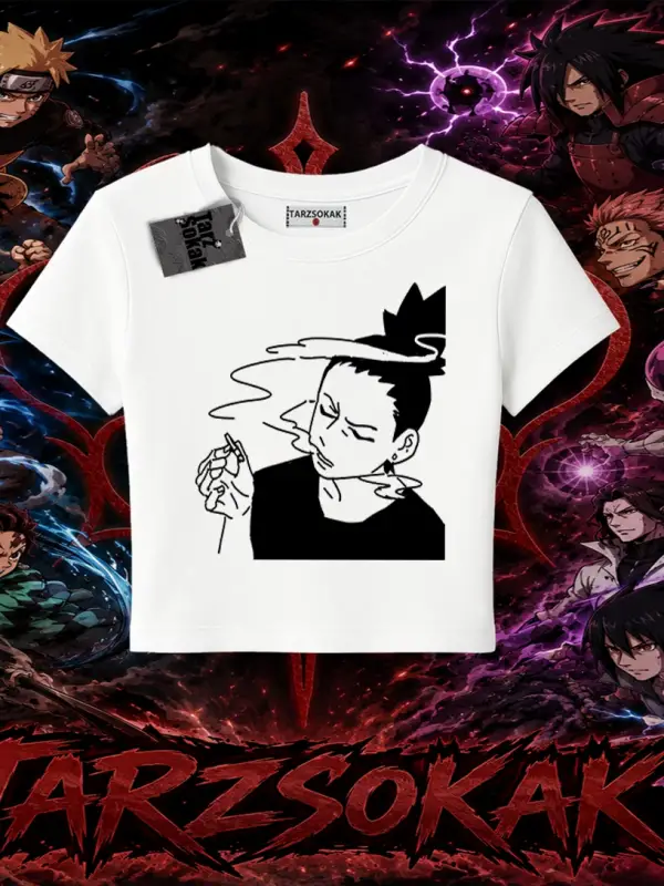 Shikamaru Nara Naruto Anime Karakter Kadın Baby Tee Beyaz