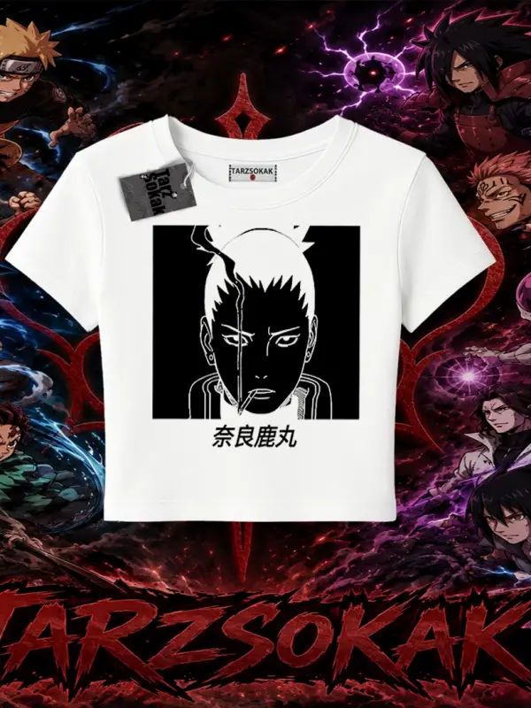 Shikamaru Nara Naruto Anime Karakter Kadın Baby Tee Beyaz