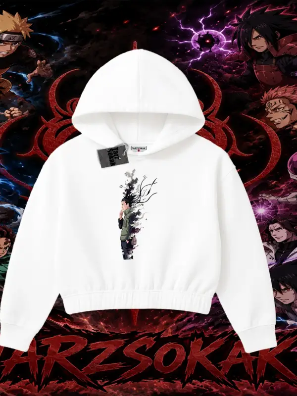 Shikamaru Nara Naruto Anime Karakter Kadın Crop Kapşonlu Sweatshirt Beyaz