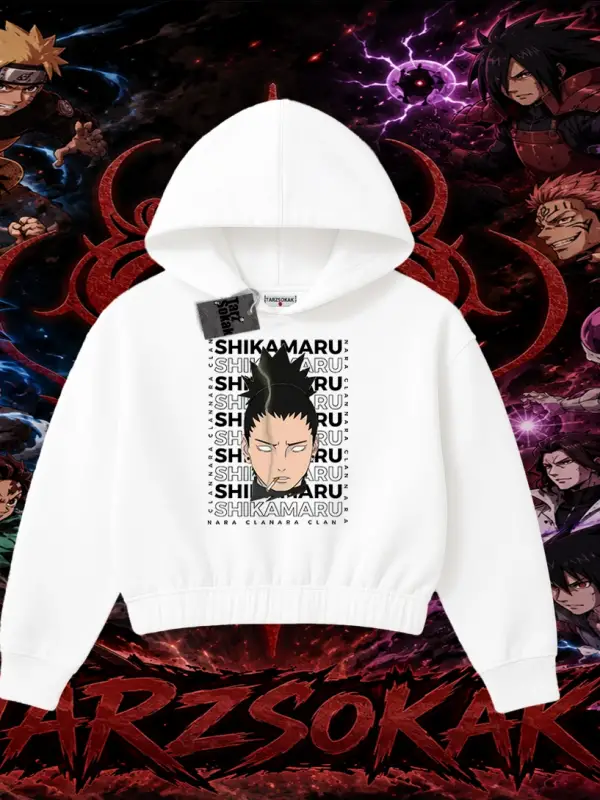 Shikamaru Nara Naruto Anime Karakter Kadın Crop Kapşonlu Sweatshirt Beyaz