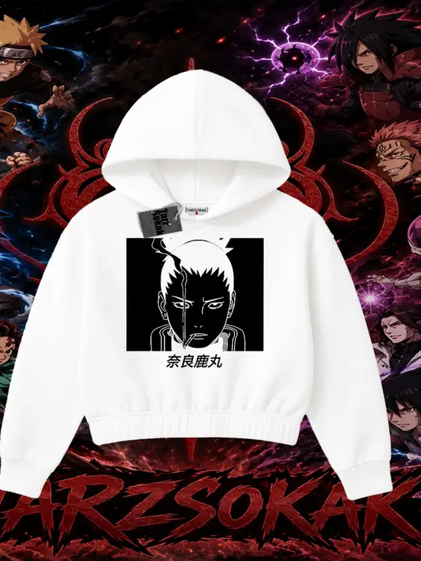 Shikamaru Nara Naruto Anime Karakter Kadın Crop Kapşonlu Sweatshirt Beyaz