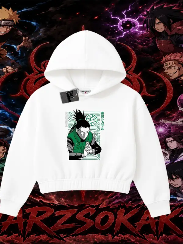 Shikamaru Nara Naruto Anime Karakter Kadın Crop Kapşonlu Sweatshirt Beyaz