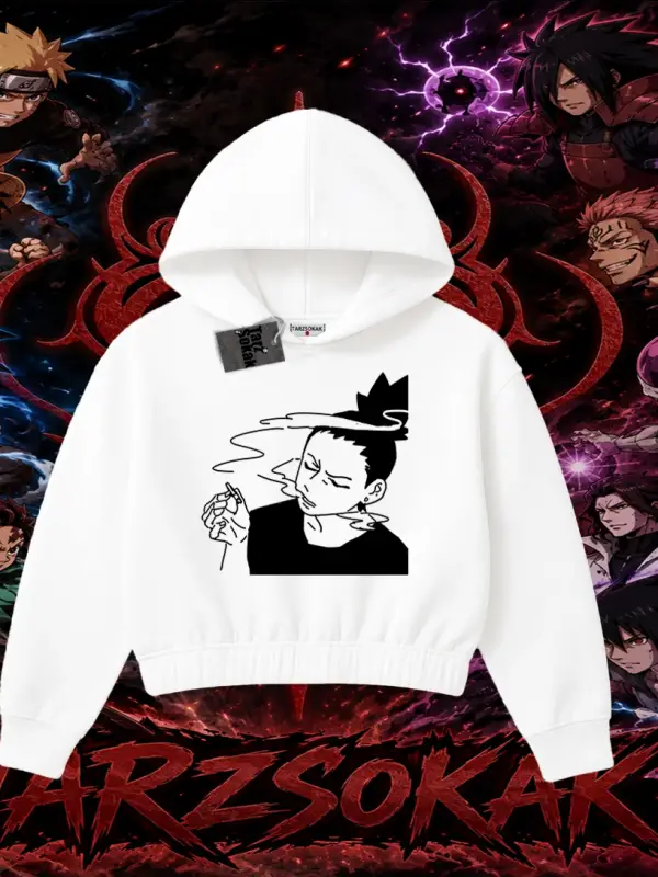 Shikamaru Nara Naruto Anime Karakter Kadın Crop Kapşonlu Sweatshirt Beyaz