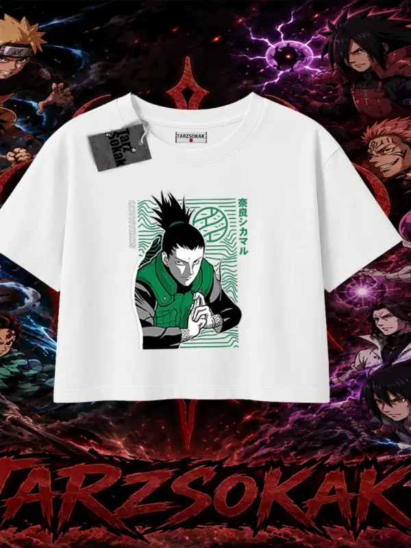 Shikamaru Nara Naruto Anime Karakter Kadın Crop Tişört Beyaz