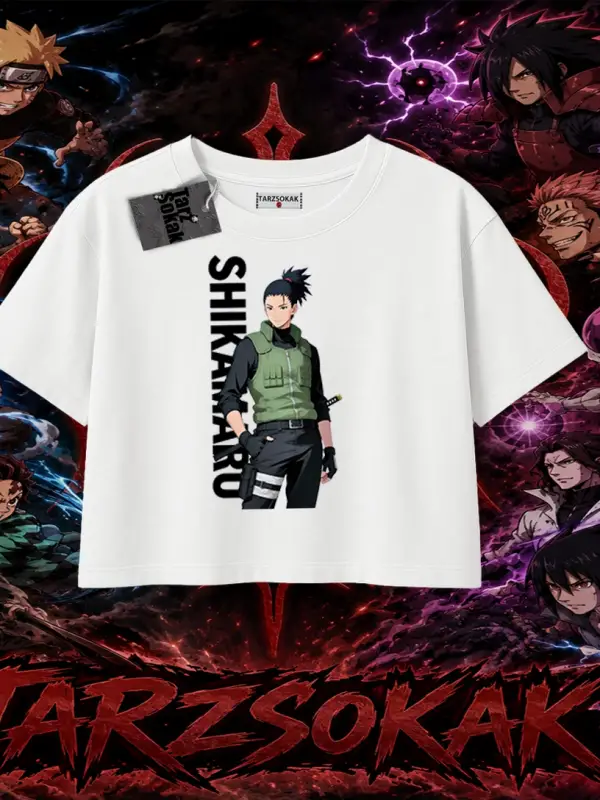 Shikamaru Nara Naruto Anime Karakter Kadın Crop Tişört Beyaz