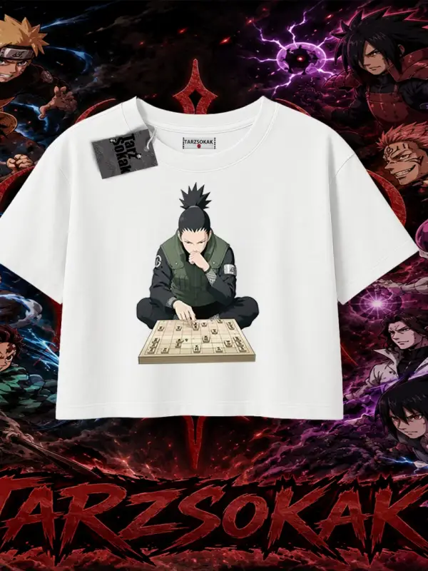 Shikamaru Nara Naruto Anime Karakter Kadın Crop Tişört Beyaz