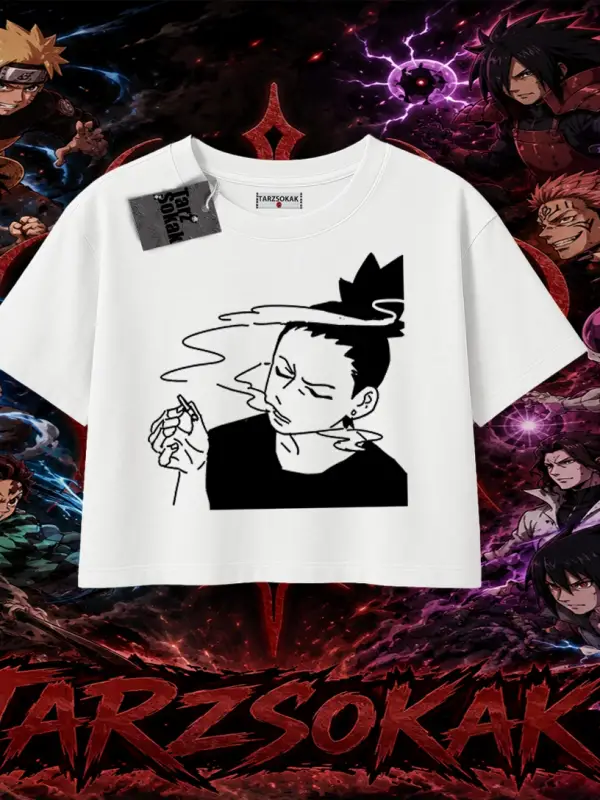 Shikamaru Nara Naruto Anime Karakter Kadın Crop Tişört Beyaz
