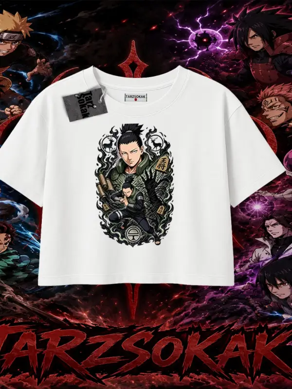Shikamaru Nara Naruto Anime Karakter Kadın Crop Tişört Beyaz