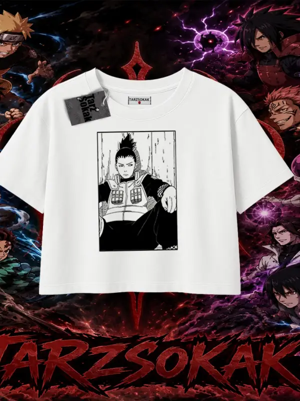 Shikamaru Nara Naruto Anime Karakter Kadın Crop Tişört Beyaz