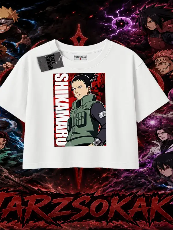 Shikamaru Nara Naruto Anime Karakter Kadın Crop Tişört Beyaz