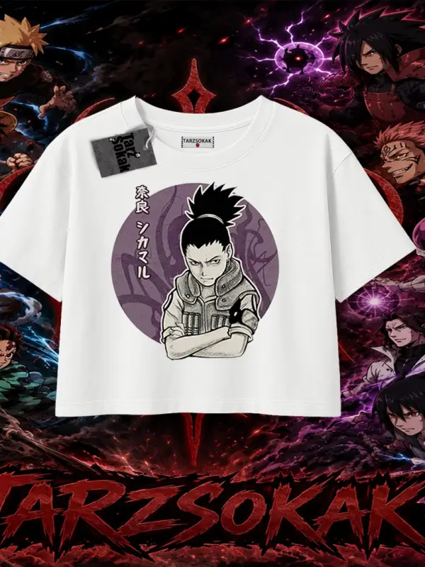 Shikamaru Nara Naruto Anime Karakter Kadın Crop Tişört Beyaz