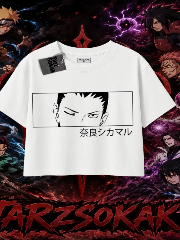 Shikamaru Nara Naruto Anime Karakter Kadın Crop Tişört Beyaz