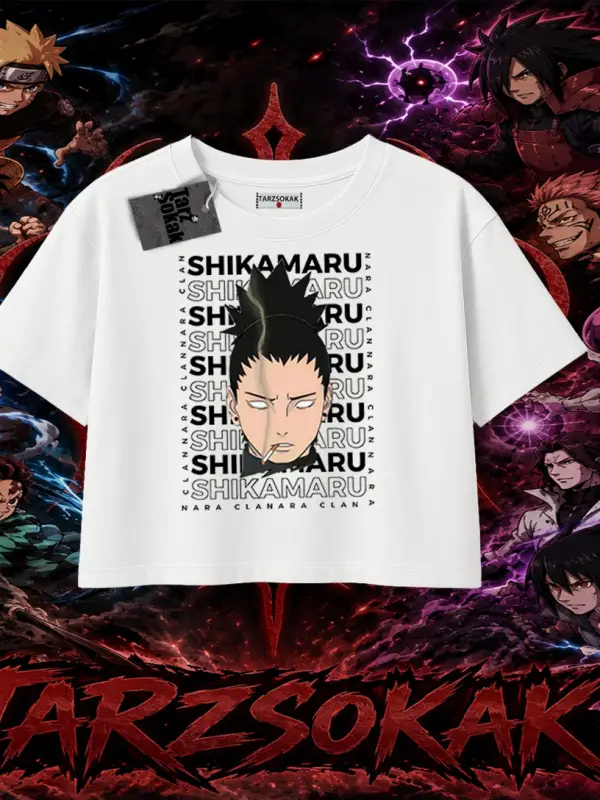 Shikamaru Nara Naruto Anime Karakter Kadın Crop Tişört Beyaz