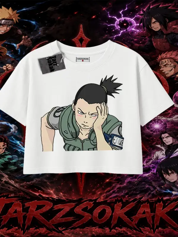 Shikamaru Nara Naruto Anime Karakter Kadın Crop Tişört Beyaz