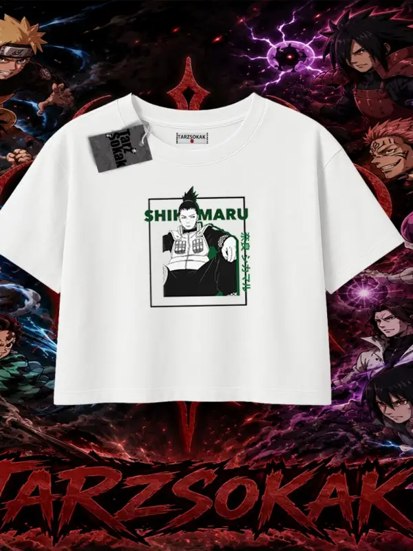 Shikamaru Nara Naruto Anime Karakter Kadın Crop Tişört Beyaz