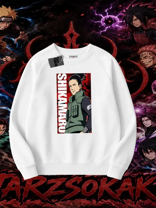 Shikamaru Nara Naruto Anime Karakter Oversize Unisex Bisiklet Yaka Sweatshirt Beyaz