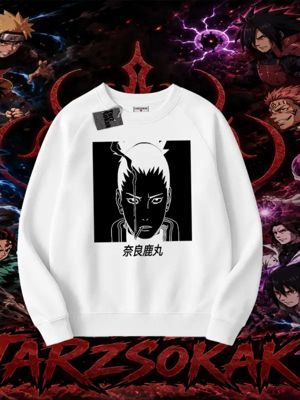 Shikamaru Nara Naruto Anime Karakter Oversize Unisex Bisiklet Yaka Sweatshirt Beyaz