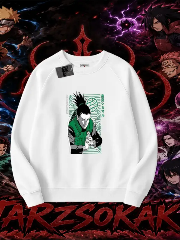 Shikamaru Nara Naruto Anime Karakter Oversize Unisex Bisiklet Yaka Sweatshirt Beyaz
