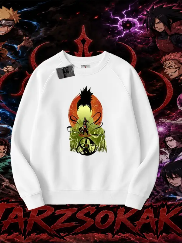 Shikamaru Nara Naruto Anime Karakter Oversize Unisex Bisiklet Yaka Sweatshirt Beyaz