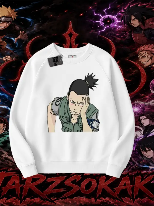 Shikamaru Nara Naruto Anime Karakter Oversize Unisex Bisiklet Yaka Sweatshirt Beyaz