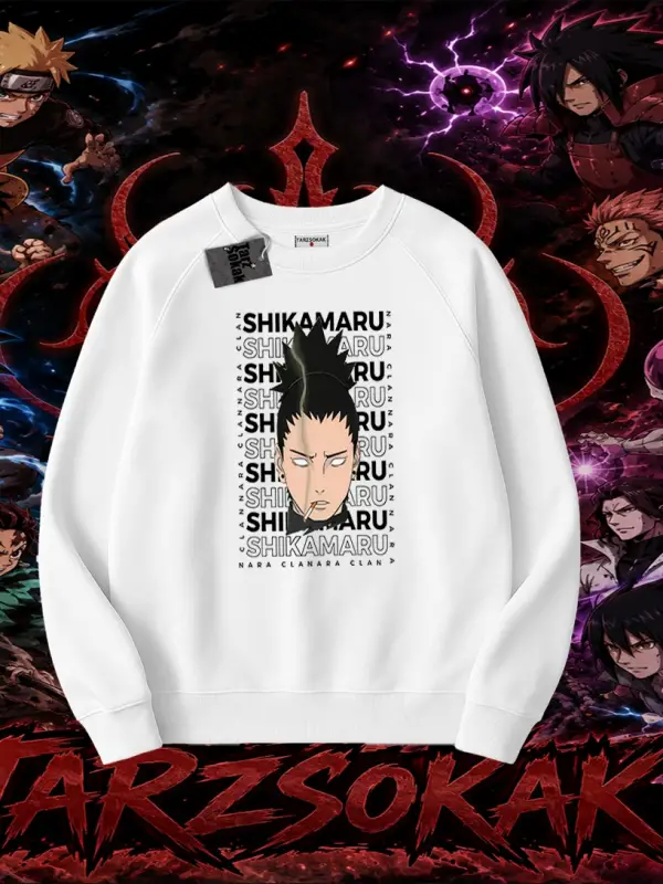 Shikamaru Nara Naruto Anime Karakter Oversize Unisex Bisiklet Yaka Sweatshirt Beyaz