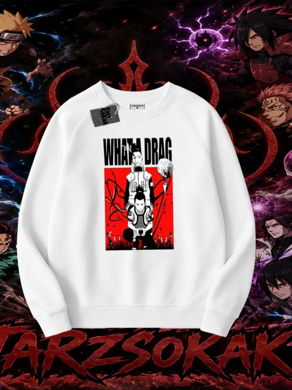 Shikamaru Nara Naruto Anime Karakter Oversize Unisex Bisiklet Yaka Sweatshirt Beyaz
