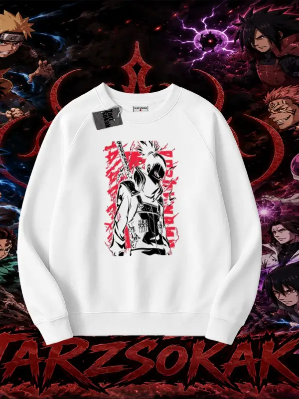 Shikamaru Nara Naruto Anime Karakter Oversize Unisex Bisiklet Yaka Sweatshirt Beyaz