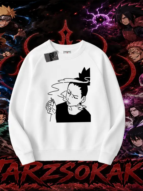 Shikamaru Nara Naruto Anime Karakter Oversize Unisex Bisiklet Yaka Sweatshirt Beyaz