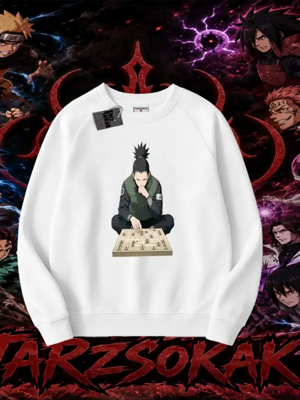 Shikamaru Nara Naruto Anime Karakter Oversize Unisex Bisiklet Yaka Sweatshirt Beyaz