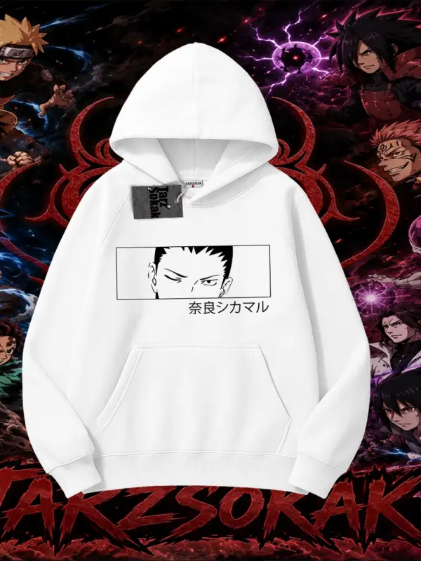 Shikamaru Nara Naruto Anime Karakter Oversize Unisex Kapşonlu Sweatshirt Beyaz