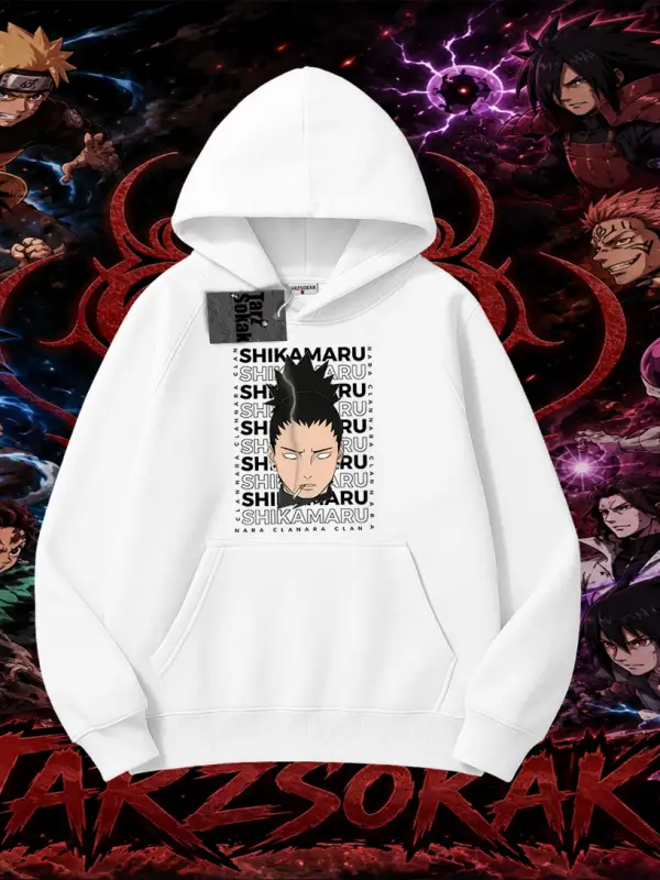 Shikamaru Nara Naruto Anime Karakter Oversize Unisex Kapşonlu Sweatshirt Beyaz